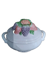 White ceramic Jelly Jam dish Strawberrys and Grapes on Lid vintage
