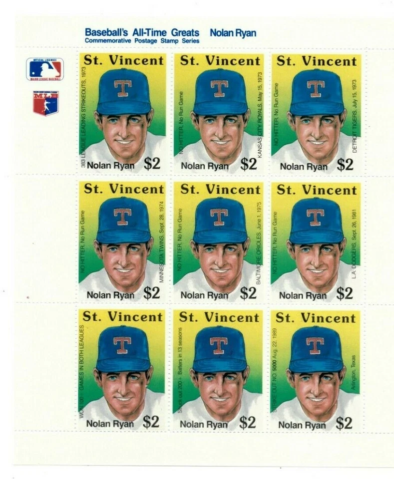 St. Vincent 1989 - Baseball Nolan Ryan - Sheet of 9 Stamps - Scott #1276 - MNH - Image 1 of 1