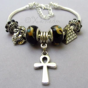 Egyptian Pyramid Of Giza, King Tut Mask And Ankh Cross European Charm Bracelet - Picture 1 of 10