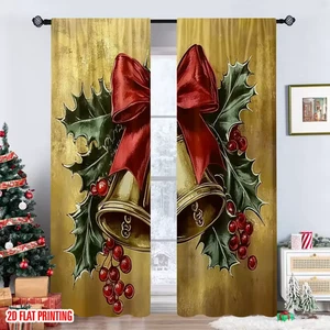 Scheibengardinen Polyester Festlich Weihnachten Glocken Druck Haus Vorhänge Alle Größen - Bild 1 von 7