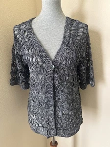 Chico's Women's Size 1 (M/8) Black White Striped Open Knit Short Sleeve Cardigan - Picture 1 of 6