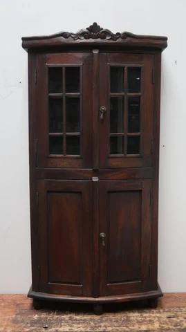 Antique Dark Wooden Small Display Cabinet with Glass Doors Cover