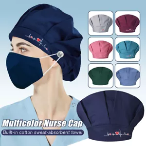 Unisex Adjustable Cotton Bouffant Scrub Cap Solid Embroidery Doctor Nurse Hat - Picture 1 of 35