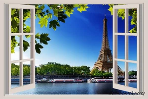Eiffel Tower Paris Window View Color Wall Sticker Wall Mural 3ft - Picture 1 of 1