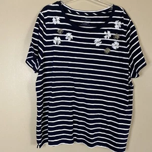 TALBOTS Sz 2 XL Navy w/White Stripes S Sleeve T-Shirt w/ Flower Embellishments - Picture 1 of 8