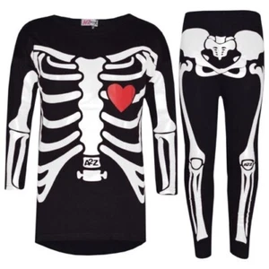 Girls Top Kids Skeleton Print T Shirt Tops & Legging Set Halloween Costume 5-1 - Picture 1 of 8