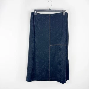 Sno Skins Midi Skirt Size XL Black Velvet Side Slit Brown Stiching Elastic Waist - Picture 1 of 14