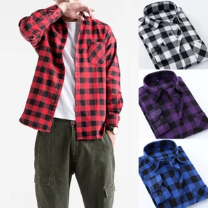 Mens Brushed Cotton Flannel Check Shirt Long Sleeve Plaid Tops Casual Lumberjack - Picture 1 of 17