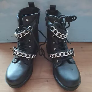 BLACK & SILVER CHAINED GIRLS BIKER BOOTS UK 5 - Picture 1 of 7