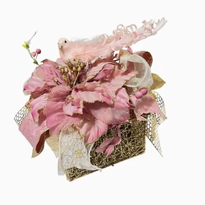 Pink Gold Decorative Holiday Mesh Box Bird Feathers Poinsettia Flowers Vintage - Picture 1 of 9