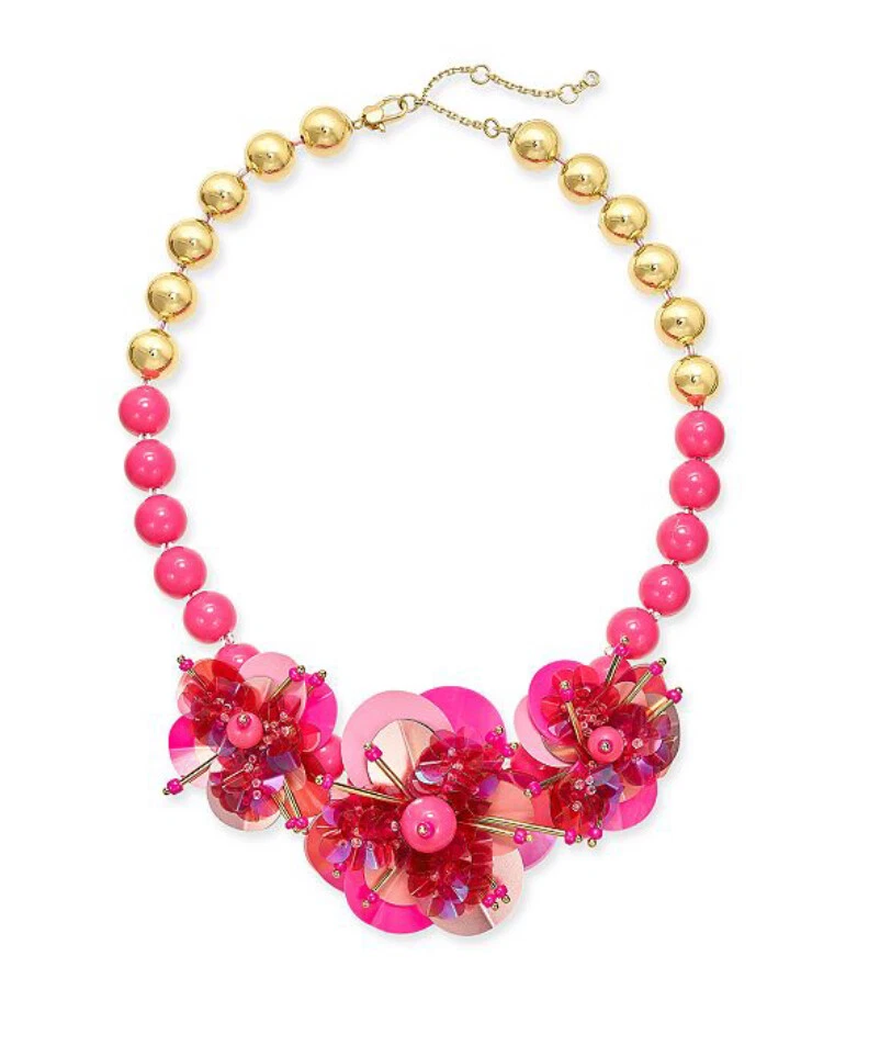 Kate Spade Sequin & Bead Leather Flower Statement Necklace, Pink/Gold tone NWT! - Image 1 of 1