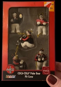 Coca Cola Nascar Polar Bear Pit Crew 5 Piece Mini Christmas Tree Ornaments 1.5” - Picture 1 of 11