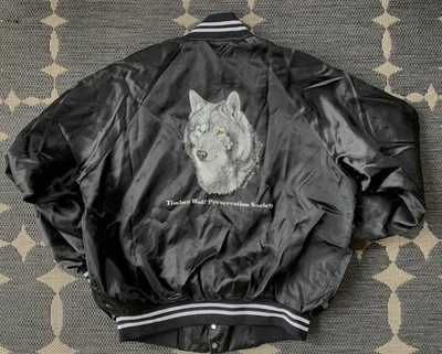 Vintage 80s Timber Wolf Preservation Society Nylon Bomber Jacket Black Size XL - Image 1 of 4