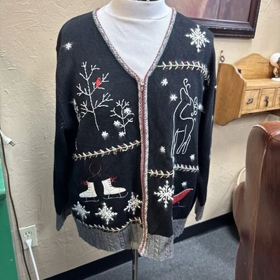 Holiday Lodge By Northcrest Ugly Christmas Sweater Women's Large Gray  Zipper up - Image 1 of 4