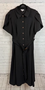 CALVIN KLEIN black full button belted short pleated sleeve dress size 20W NWT - Picture 1 of 8