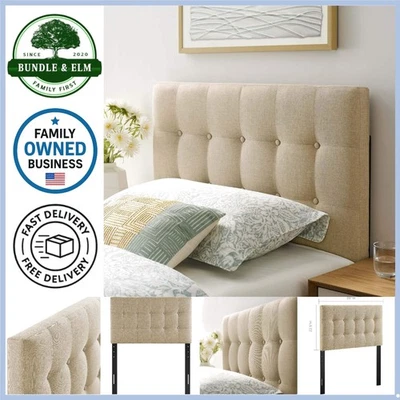 Cabecero Doble Tapizado Tela Lino Botón Mechón Beige Ajustable Foto 1 de 4