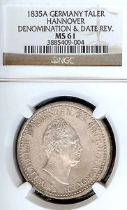 German States Hannover 1835 A Taler Coin Thaler NGC MS 61 VZ+/PRF UNC RARE Deuts - Picture 1 of 3