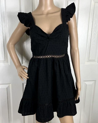 AQUA Little Black Dress Size XS Cap Sleeve Ruffle Smocked Back Open Waist Lace - Image 1 of 4