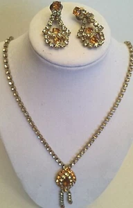 Amber Citron Rhinestone Necklace & Earring Set VINTAGE Clip On MARQUISE    #22 - Picture 1 of 12