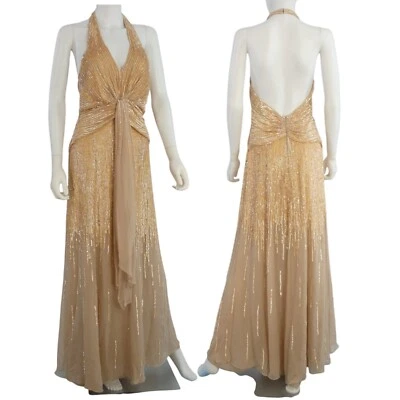 Silk Gown Vintage Backless Halter Special Occasion Dress Gold Sequinned  UK 10 - Image 1 of 4