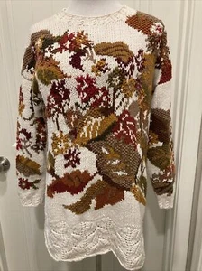 Vtg Casual Corner Tunic Sweater Cream & Fall Leaves SZ L Detail Hem Cottagecore - Picture 1 of 19