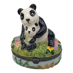 Vintage Antique Porcelain Hand Painted Panda Bear Hinged Lid Trinket Pill Box - Picture 1 of 9