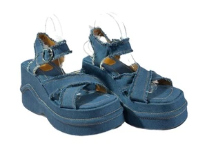 Dolls Kill Delia’s Guided Tour Platform Sandals Sz 9 Denim Raw Edge Spring NWOT - Picture 1 of 6