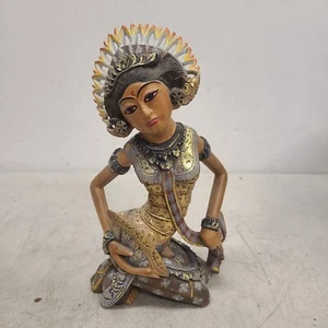 Wood Carved Balinese Hindu Indonesian Goddess Fan Dancer Figurine 9" - Picture 1 of 7