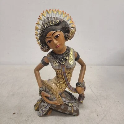 Estatuilla de bailarina abanico de diosa indonesia hindú balinesa tallada en madera 9" Foto 1 de 4