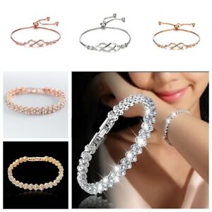 925 Silver Gold Women Zircon Crystal Cuff Bracelet Bangle Chain Wedding Jewelry