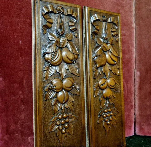 2 Ribbon fruit garland wood carving panel - Antique French architectural salvage Cover