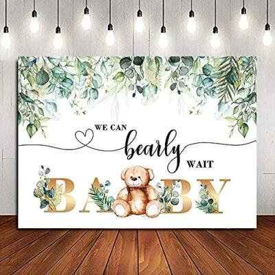 We Can Bearly Wait Bear Telón de fondo Oso Baby Shower Telón de fondo fotográfico verde Foto 1 de 4