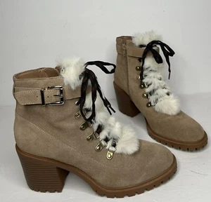 Nine West Pump Ankle Brown Women Boot Block Heel Lace Up 8.5M Suede Fur Used - Picture 1 of 11