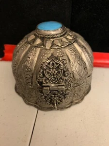 Antik alt BLAUER Stein Top Vintage Silber verziert Deckel Schmuck Ring Box - Bild 1 von 5