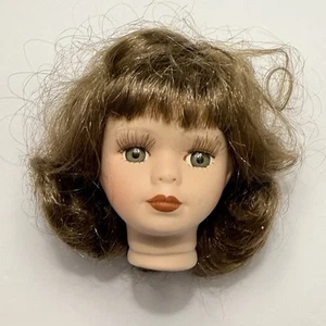 VTG Porcelain Flange Doll Head Parts For 8” Doll Brown Wig Green Eyes Eyelashes - Picture 1 of 11