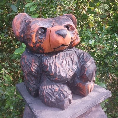 Black Bear Chainsaw Carving Bear Cub Sitting Bear American Flag Holder Handmade  - Image 1 of 4