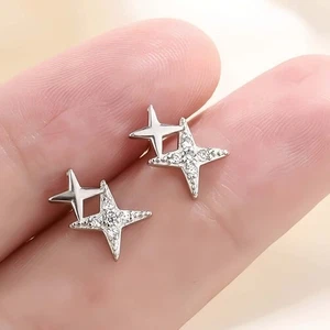 Kristall Doppel Stern 925 Sterling Silber Ohrstecker Damen Mädchen Schmuck Geschenk - Bild 1 von 5