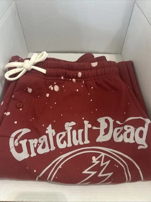 Pantalones deportivos Grateful Dead MAD L Borgoña Rojo Blanco Salpicaduras Calavera Rock Band Foto 1 de 2