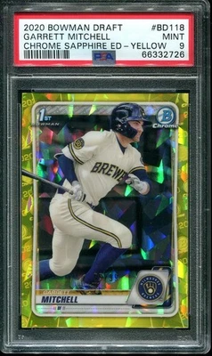 2020 Garrett Mitchell Bowman Chrome Sapphire Yellow /99 #BD-118 Brewers PSA 9 - Image 1 of 3