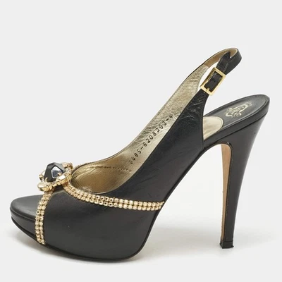 Gina Black Leather Crystal Embellished Slingback Pumps Size 37 - Image 1 of 4