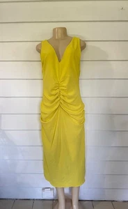 NWD ZARA Woman Yellow Midi Dress Boho Ruched V Neck Size L Y827F *READ* - Picture 1 of 20
