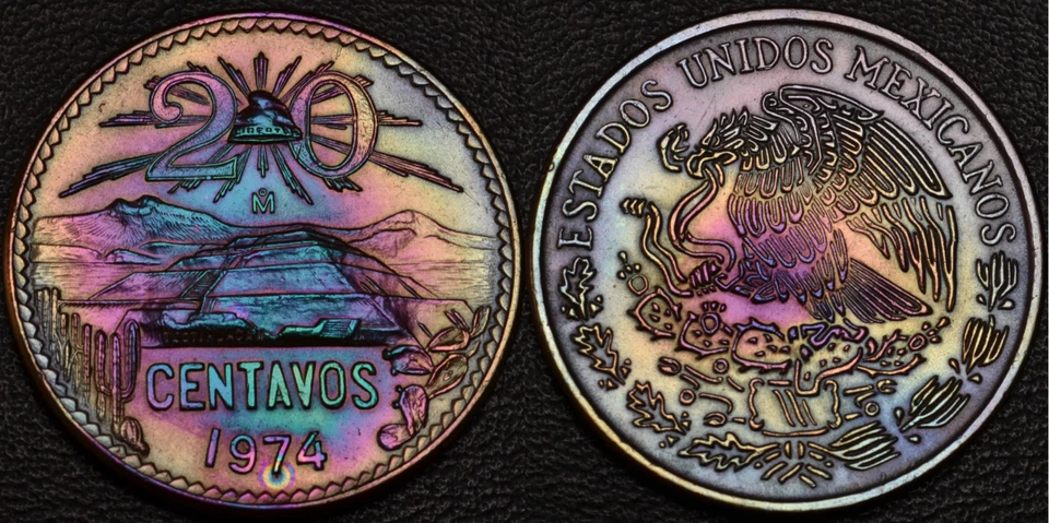 México 20 centavos 1974 magnífico arco iris tonificación OV y rev (L48-24) Foto 1 de 3