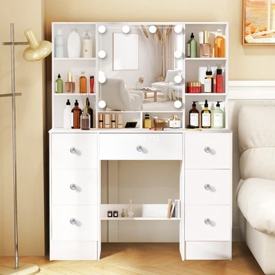 Penteadeira com espelho penteadeira led espelho mesa de maquiagem com conjunto de 7 gavetas - Imagem 1 de 4