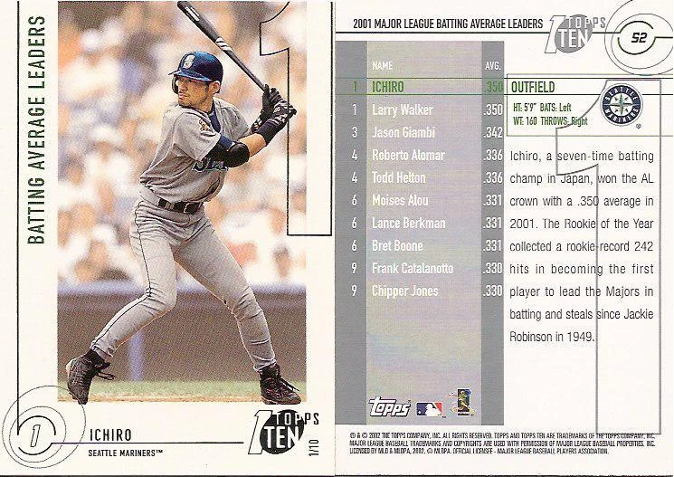2002 ICHIRO TOPPS TEN # 52 ,  LOT OF 5 CARDS !! - Image 1 of 1