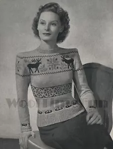 Vintage Knitting Pattern 1940s Lady's Reindeer Fair Isle Christmas Jumper. - Picture 1 of 1