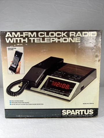 (NEW) Vtg Kidde Spartus AM/FM Clock Radio W/Telephone Model 0206-64  Wood Grain Cover