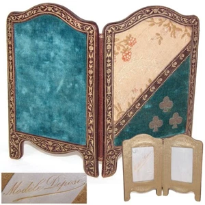 Antique French Embossed Leather Folding Picture Frame, Doll Size Dressing Screen - Picture 1 of 10