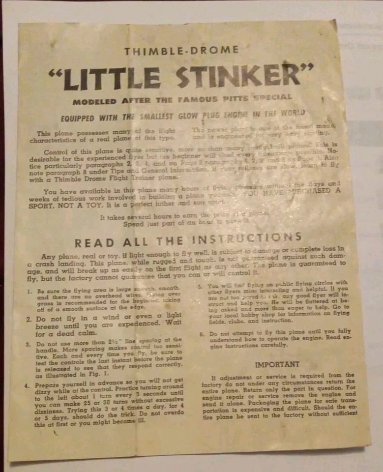COX THIMBLE DROME LITTLE L'IL STINKER  AIRPLANE MANUAL & ENGINE INSTRUCTIONS  - Image 1 of 1