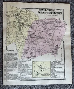 Boylston West Boylston MA  1870 original colored map ￼ Showing Homeowners ￼ - Picture 1 of 3
