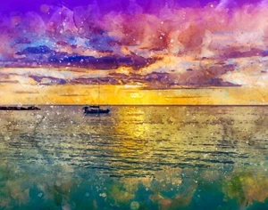 Pintura fotográfica digital Sunset Boat, impresión artística 8 x 10, lista para enmarcar - Imagen 1 de 4